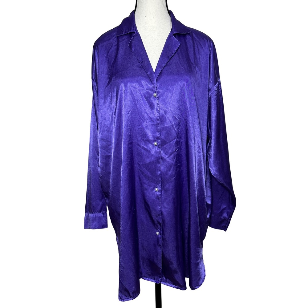 VTG Victorias Secret Gold Label Purple Satin Sleep Shirt M/L Perl Button Lounge